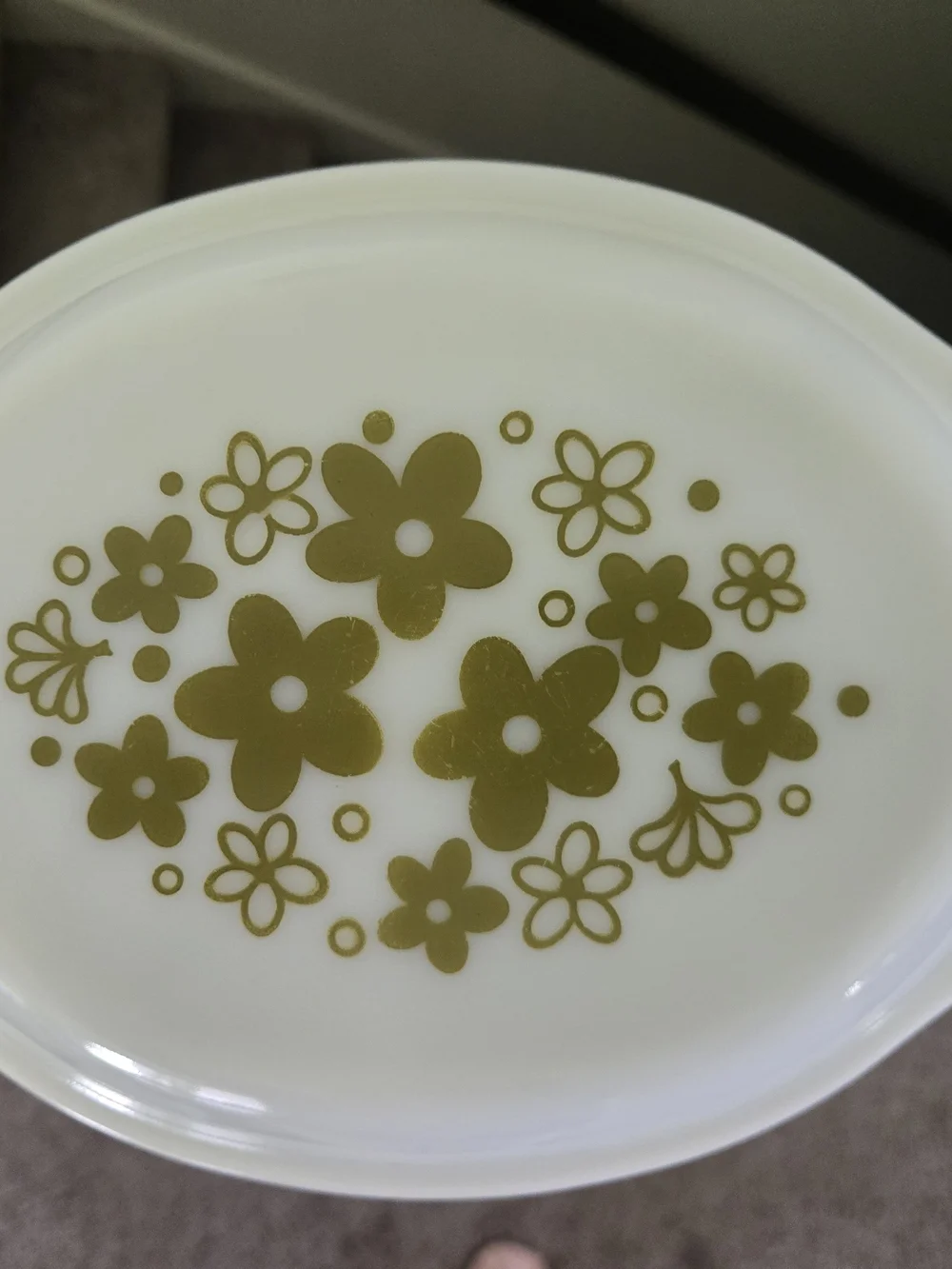 Pyrex Olive Green Butterprint Covered Casserole with White Lid Print Lid